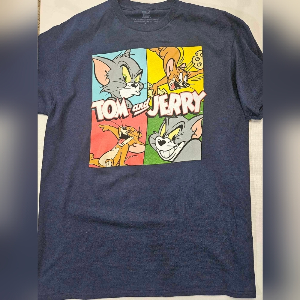Tom And Jerry Mens T-Shirt Large‎ Blue Graphic 90s Nostalgic Cartoon Casual Tee